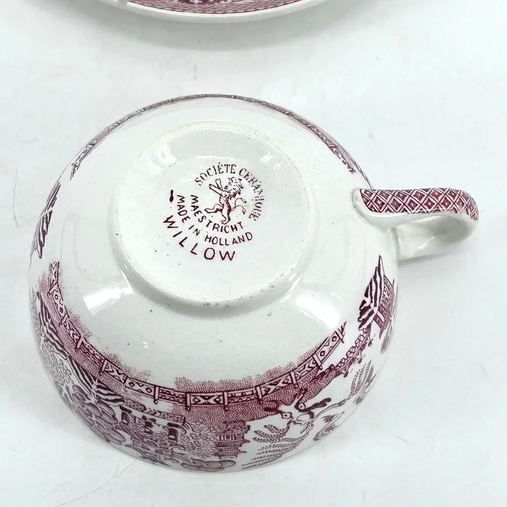 Societe Ceramique Maastricht Pink Red Willow Tea Cup & Saucer Set Holland VTG